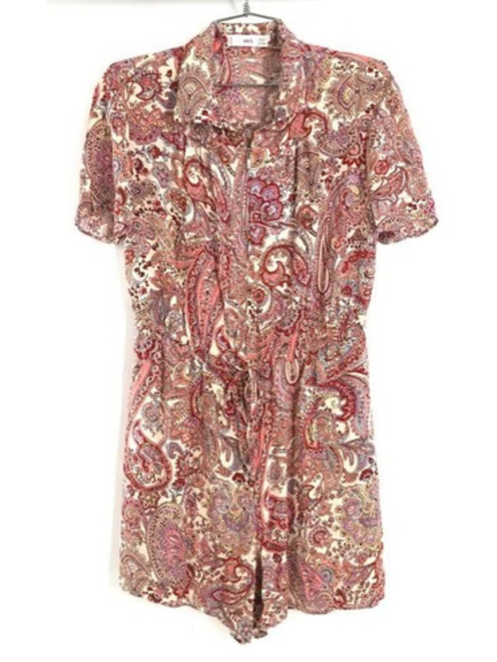 EUC Mango MNG Women's Red Paisley Short Sleeve Half Zip Drawstring Romper Size M